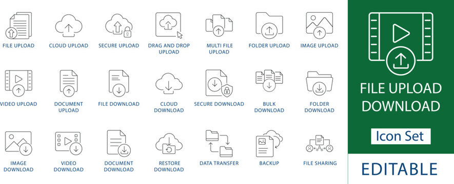 file upload and download icon set: professional cloud data transfer, secure document management, system backup and restore, and mobile ui storage line icons