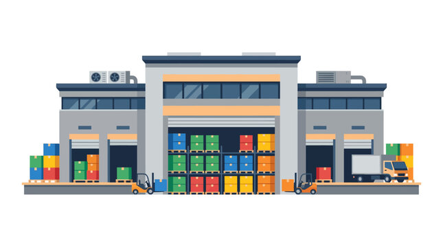 Modern warehouse with loading docks, forklifts, and delivery truck, symbolizing logistics and supply chain operations
