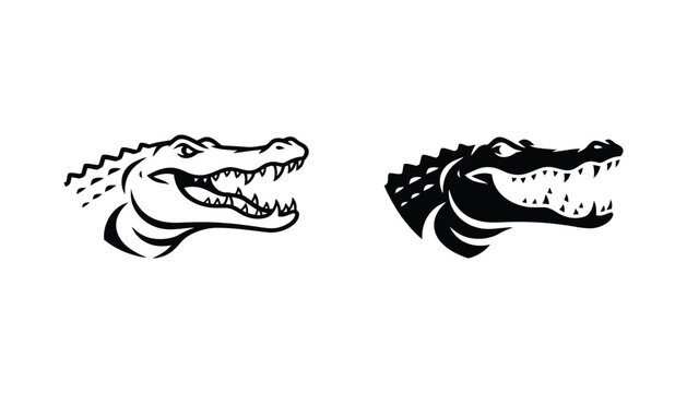 Crocodile head mascot logo set in line and solid black vector art showing a fierce alligator face with open mouth for sports teams or animal brand identity designs