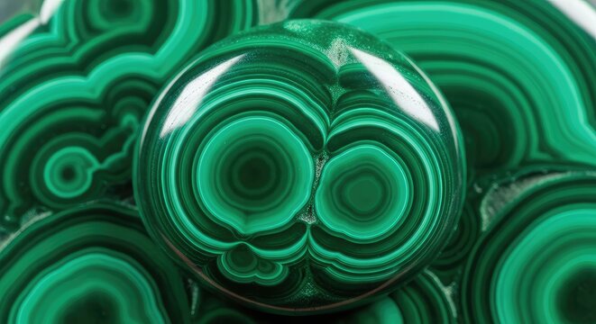 Detailed close up of a polished green malachite gemstone showing intricate circular banded patterns and rich emerald textures in light, layer, circular, mineral