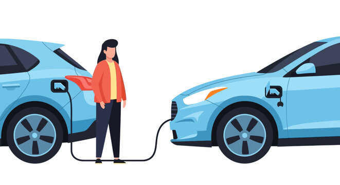 Woman Charging Two Blue Electric Vehicles Flat Illustration - Sustainable Transportation and Green Energy Concept