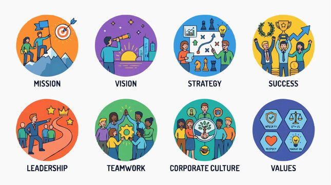 A group of business people stand on a mountain peak, proudly holding a flag with a target, representing their common mission and goal.
