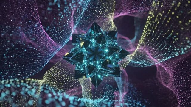 Abstract star shape with glowing facets surrounded by a flowing particle field of colorful light and energy.