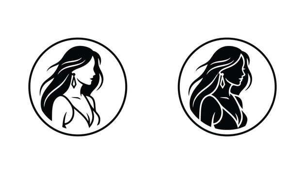 Beautiful woman side profile in elegant circular frame for luxury jewelry or beauty spa logo design in outline and solid black vector style isolated on white background for premium brand identity