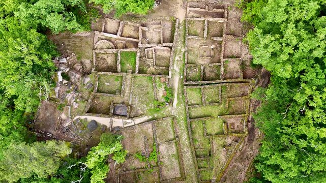 Top down aerial view of Castro de Armea ruins in Spain