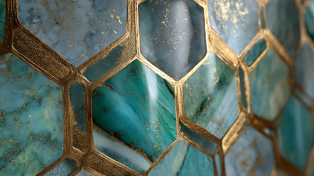 Geometric pattern of jade marble hexagonal tiles with luxurious gold metallic borders and textured surfaces