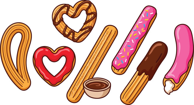 Delicious pastry and churro dessert collection featuring colorful icing chocolate glaze and sweet bakery treat illustrations