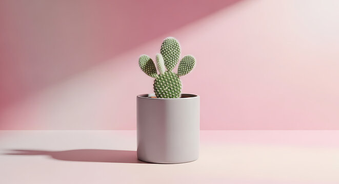 A small green prickly pear cactus in a light grey pot sits on a pink surface, casting a soft shadow against the matching pink wall in a minimalist studio setting.