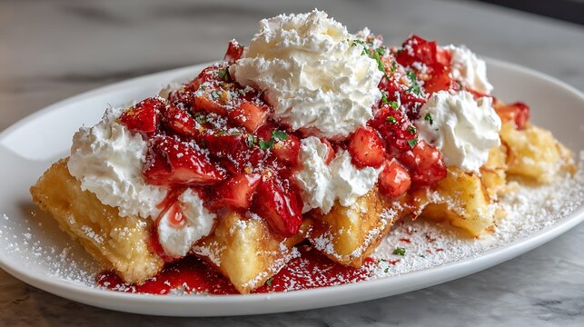 Crispy Belgian Waffles with Strawberry Sauce and Whipped Cream for Brunch Advertising