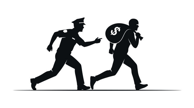 Police officer chasing thief silhouette on white background