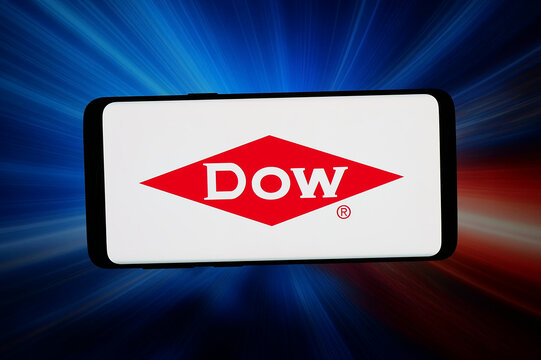 Stuttgart, Germany - 05-06-2026: In this photo illustration, the logo of US chemical company Dow Inc. is displayed on a smartphone in front of abstract background on computer screen.
