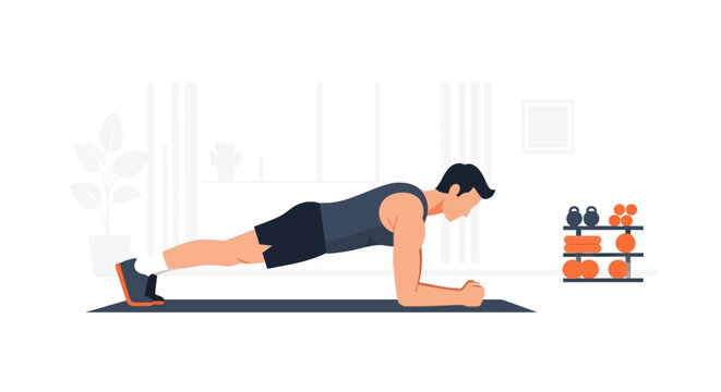 Man Doing Forearm Plank Exercise Fitness Vector Illustration in Home Gym