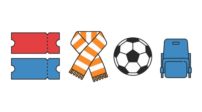 Football fan vector icon set with tickets scarf soccer ball and backpack for match day sports and supporter design.