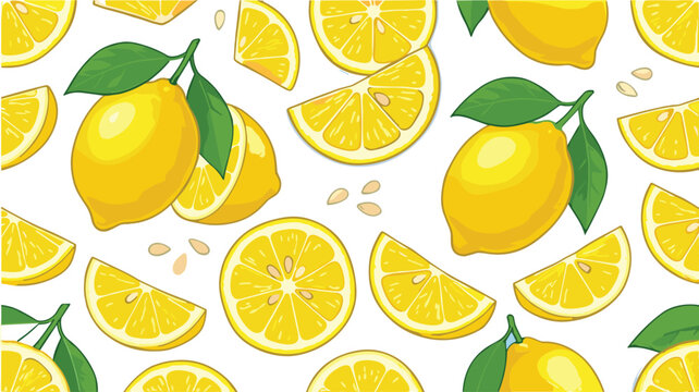 Seamless lemon fruit pattern vector illustration with citrus slices and green leaves for summer textile and food packaging design