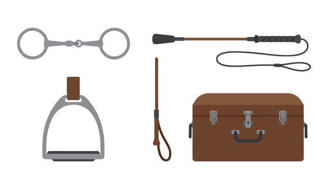 Horse riding equipment and equestrian accessories 2D vector illustration set for riding club sports and outdoor design.