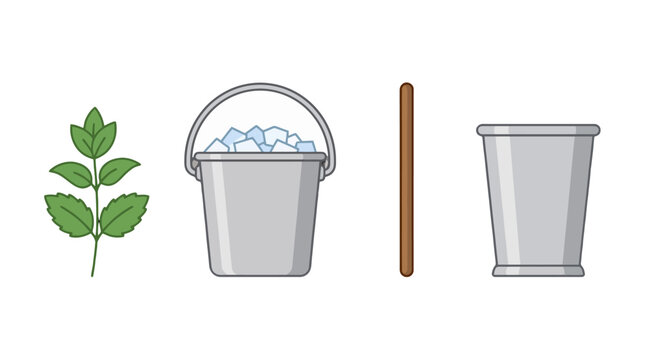 Kitchen tools vector set with fresh mint leaves ice bucket stirrer and glass for beverage menu and bar design.
