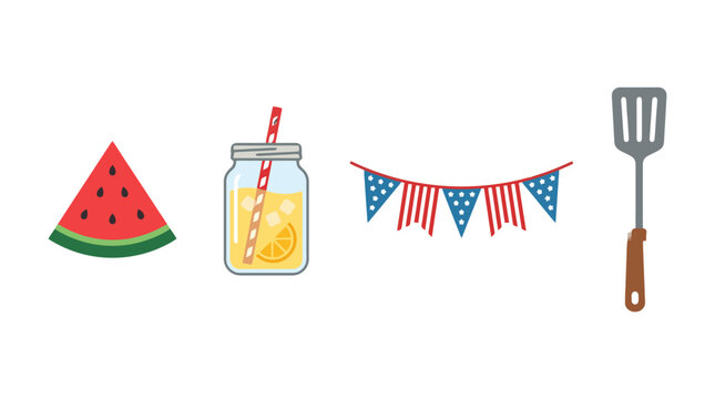 Patriotic summer picnic and barbecue celebration vector icon set for holiday outdoor party and seasonal design.