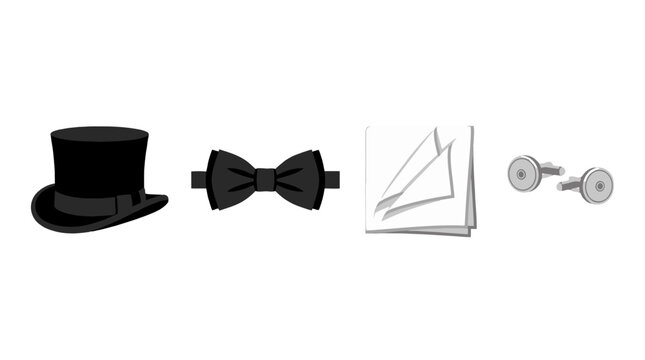 Elegant men's formal wear accessories vector set with top hat bow tie pocket square and cufflinks for wedding and fashion design.
