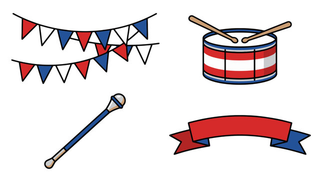 Patriotic parade elements vector set with drum bunting baton and ribbon banner for ceremony event and holiday design.