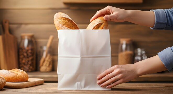 Person carefully placing fresh crusty bread loaves inside a simple white paper bag for storage