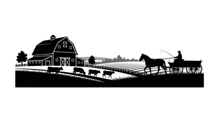 Farm scene silhouette with barn cattle and horse drawn wagon © Jubayar
