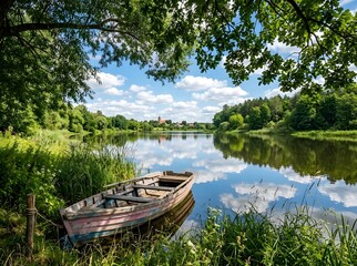 Obraz premium Peaceful Landscape with Old Wooden Boat on Calm River Under Blue Sky