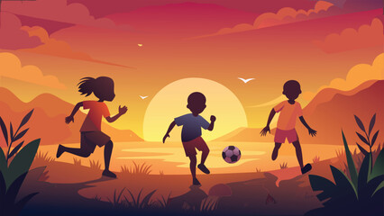 Fototapeta premium Kids playing soccer in field during orange sunset.