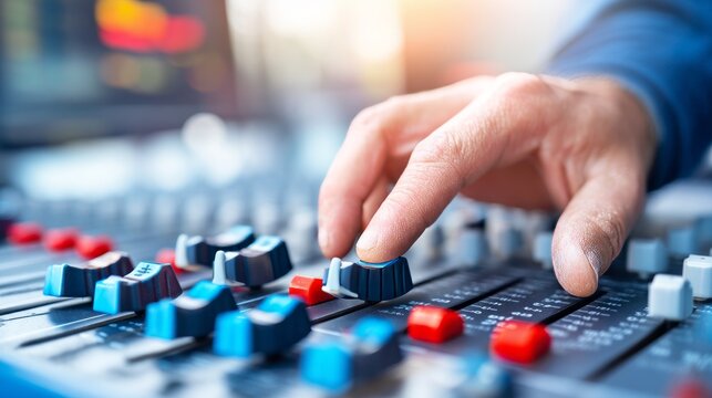 Hand Adjusts Sliders on Professional Audio Mixing Console in Studio Setting