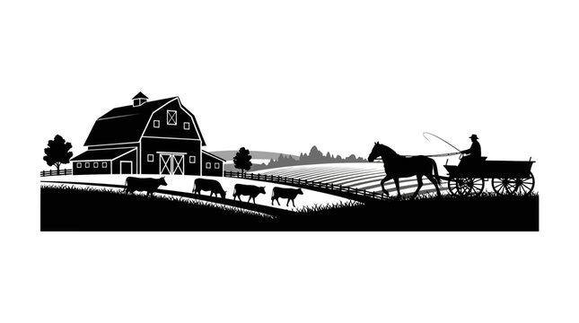Farm scene silhouette with barn cattle and horse drawn wagon