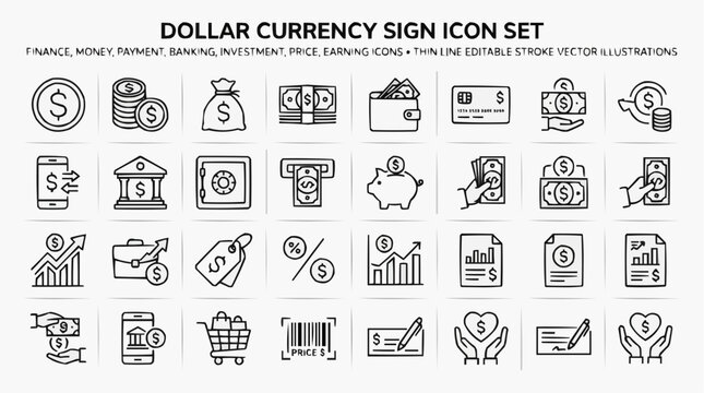 A comprehensive dollar currency sign icon set with 50 thin line editable stroke vector illustrations for finance, money, payment, and banking themes.
