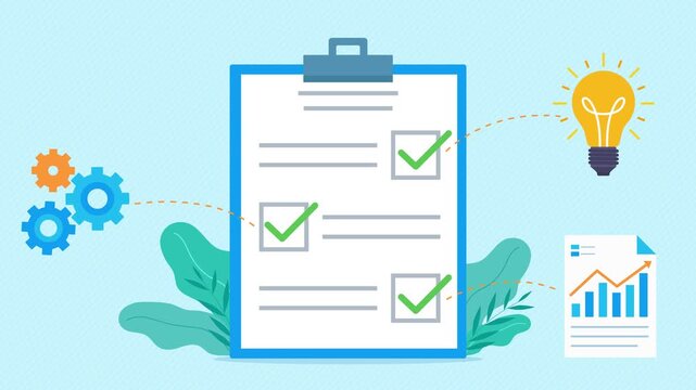 Flat design style animation of a completed checklist with icons branching off it. Each checker has a specific task: ideation, implementation, and analysis of results. Flat design illustration
