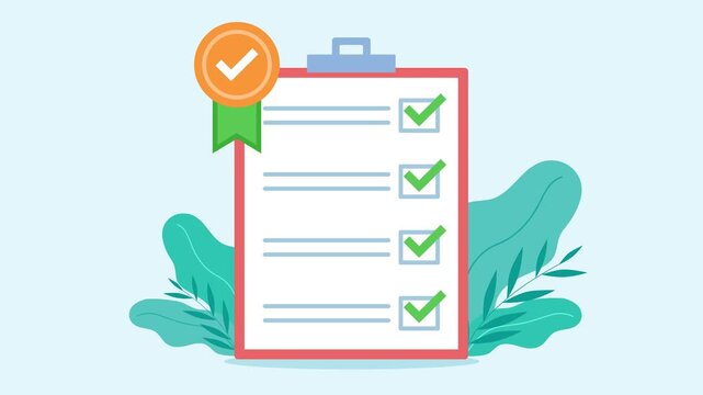 Completed checklist with a medal of completion. Completed test, with all answers marked correctly. Gold medal with a checker icon. Flat design style animation