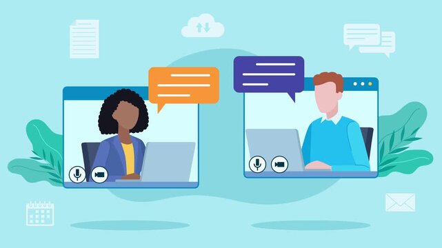 Video chat between two coworkers. A man and a woman are having an online conversation around icons, email, chat, documents, a cloud, and a calendar. Flat design style animation.