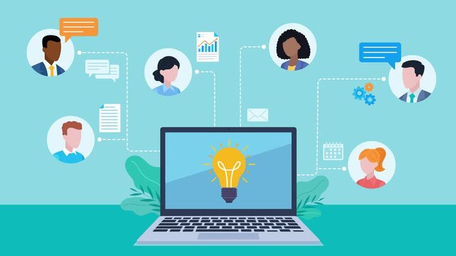 A laptop with an idea lightbulb on the screen. Lines branch from the laptop to company employees. Online connection in the office and exchange of ideas. Remote work and employee meetings. Flat design 