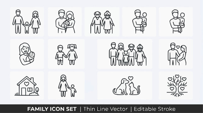 A set of thin line vector icons illustrates different types of family structures and relationships, including nuclear, extended, and single-parent families.