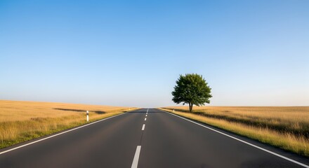 Naklejka premium Long straight road through a rural landscape with a tree