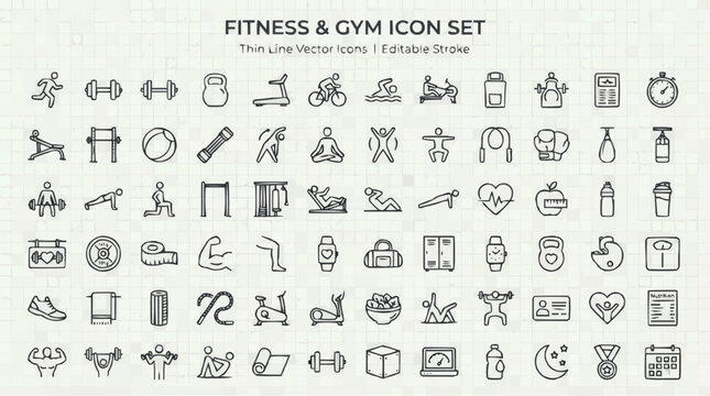 Thin line vector icons depict a wide array of fitness activities, gym equipment, and healthy lifestyle symbols for active living.