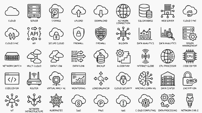 A modern collection of 40 vector thin line icons for cloud computing, technology, infrastructure, and data, with an editable stroke and minimalist design.