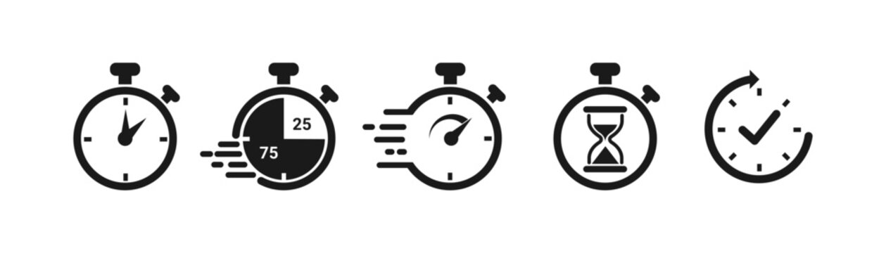 Stopwatch timer icon collection isolated on transparent background, countdown clock vector illustration