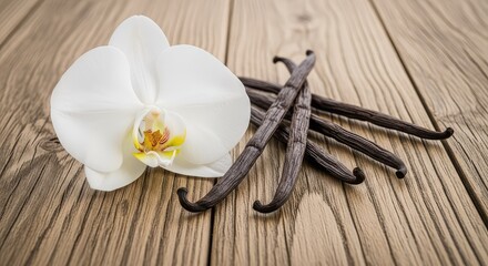 Fototapeta premium A beautiful white orchid blossom lies next to aromatic dark brown vanilla beans on a rustic wooden background with natural grain detail, flower, flavoring, botanical