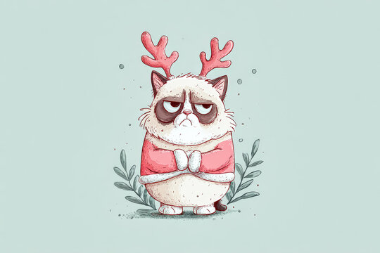 Grumpy Cat in Christmas Costume with Antlers