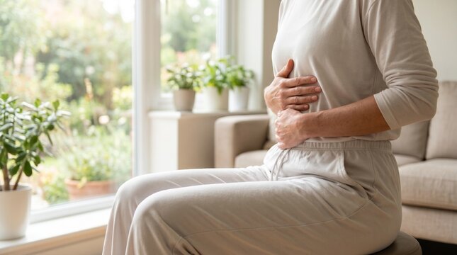 Woman suffering from stomach pain or indigestion sitting at home