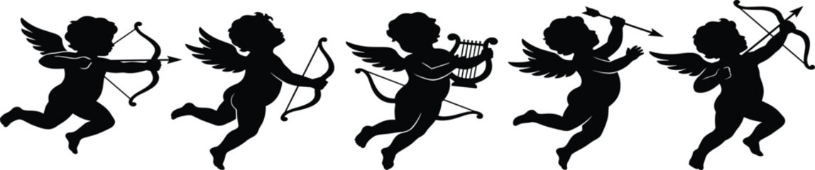 Fototapeta premium Set of flying cupid silhouettes with bows arrows and lyre for romantic Valentines Day and wedding designs.