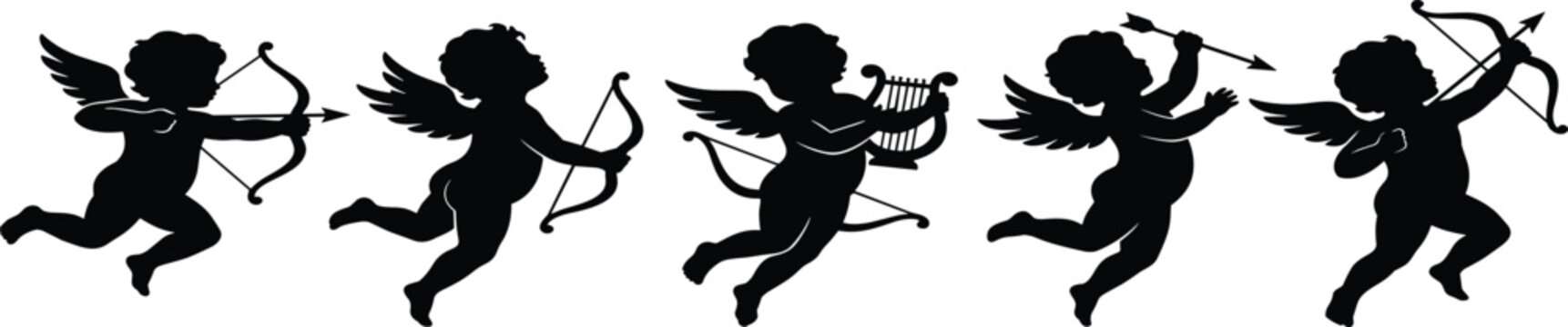 Set of flying cupid silhouettes with bows arrows and lyre for romantic Valentines Day and wedding designs.
