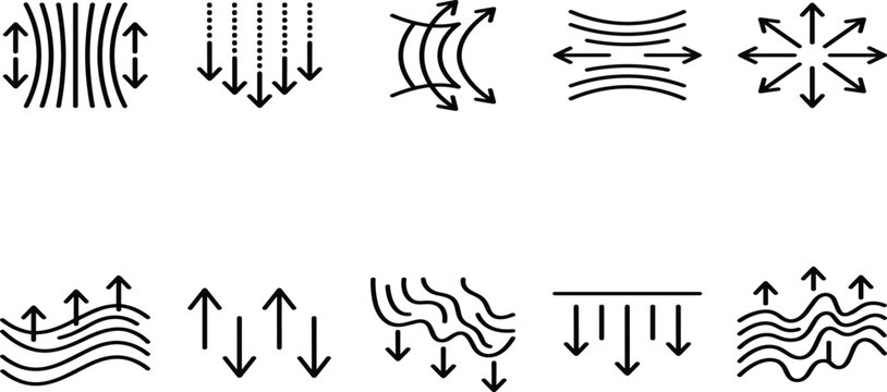 Vector icon set representing breathable fabric material airflow ventilation moisture wicking and textile properties for technical clothing designs.