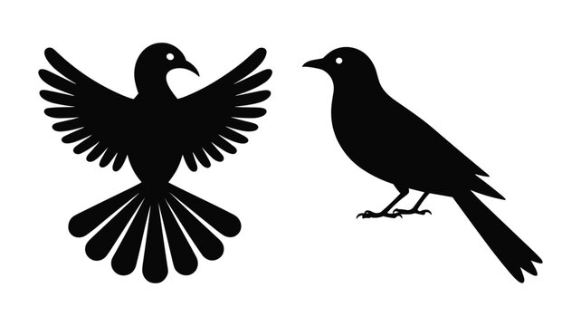 Black and white of two flying bats with spread wings silhouette