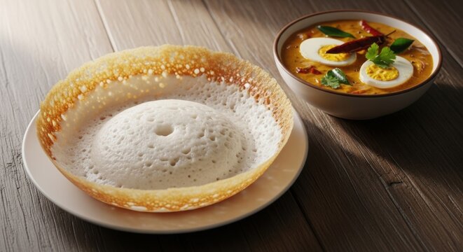 Appam and Curry: A culinary composition featuring a delicate appam, its lacy edges framing a soft center, paired with a rich and flavorful curry