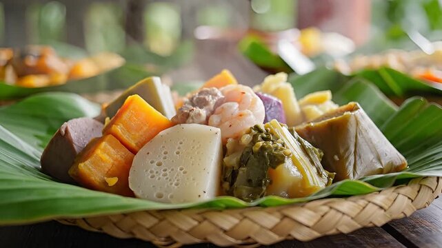 Steaming Hot Filipino Laing Dish Served on Banana Leaves.