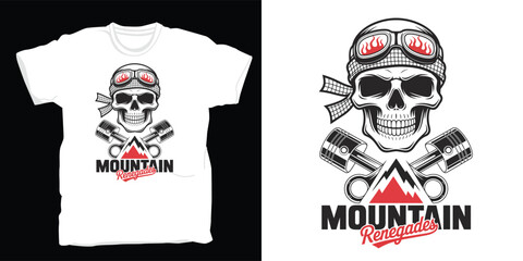 Fototapeta premium Biker skull with goggles and pistons illustration. mountain renegades. vintage biker skull graphic design element.