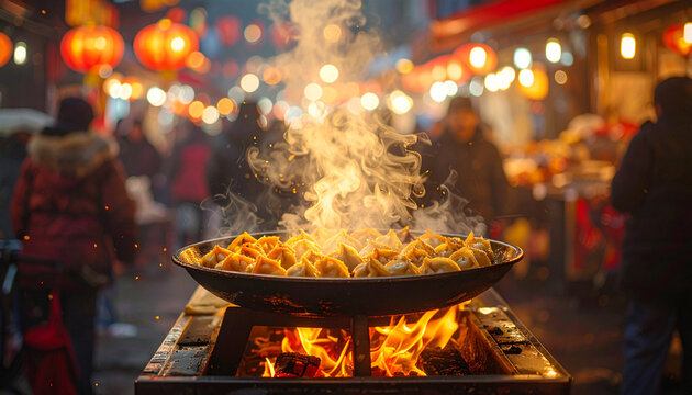 Steaming dumplings at night market